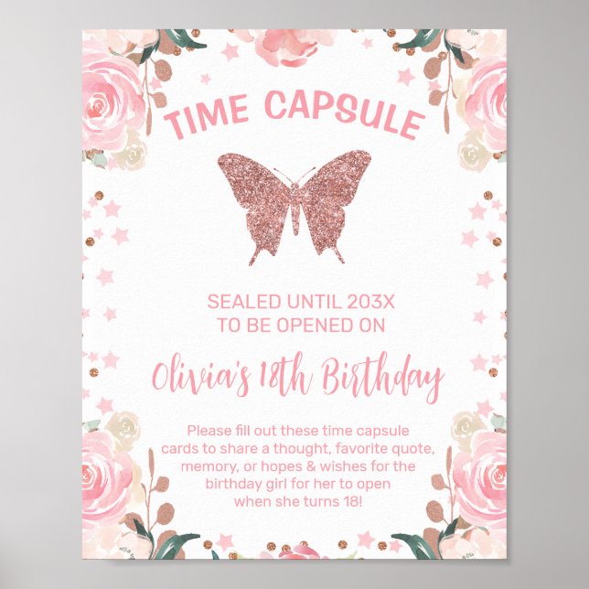 Pink Glitter Butterfly Time Capsule Sign (Front)