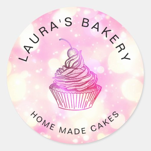 Pink Glitter Cakes  Sweets Cupcake Home Bakery Classic Round Sticker