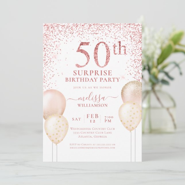 Pink Glitter Calligraphy Surprise 50th Birthday Invitation (Standing Front)