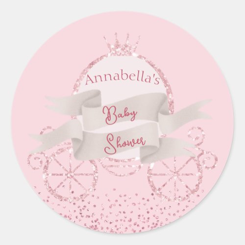 Pink Glitter Carriage Fairy Tale Baby Shower Classic Round Sticker