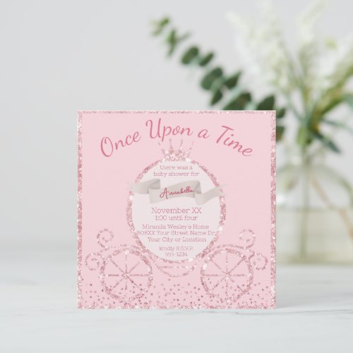 Pink Glitter Carriage Fairy Tale Baby Shower Invitation
