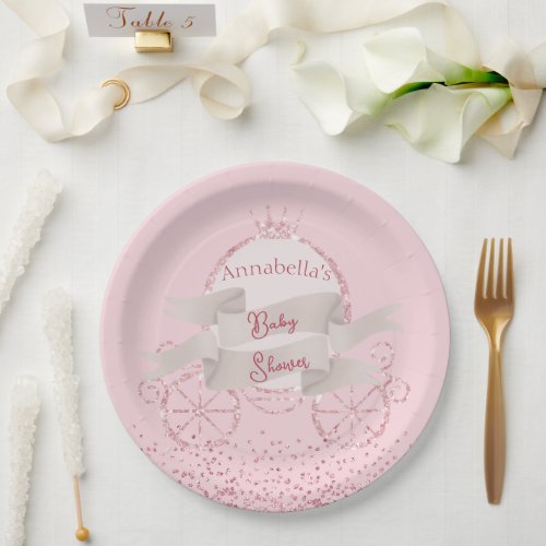 Pink Glitter Carriage Fairy Tale Baby Shower Paper Plates