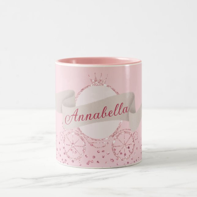 Pink Glitter Carriage Fairy Tale Custom Name Two-Tone Coffee Mug (Center)