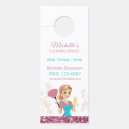 Pink Glitter Cartoon Maid House Cleaning Door Hanger