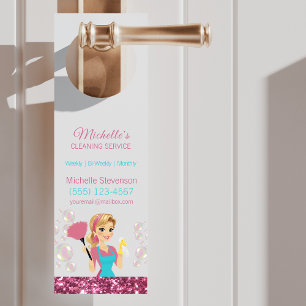 Pink Glitter Cartoon Maid House Cleaning Door Hanger