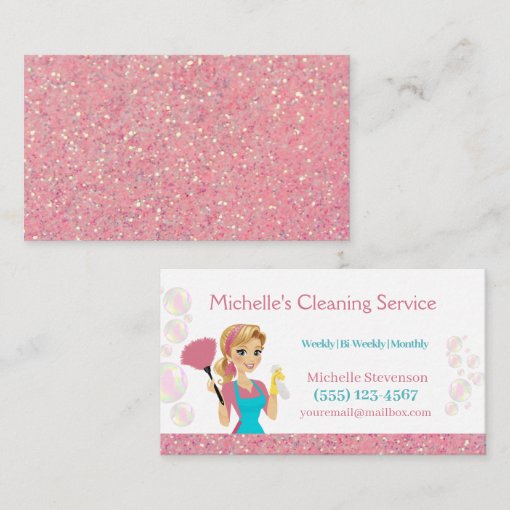 Pink Glitter Cartoon Maid House Cleaning Service Business Card | Zazzle