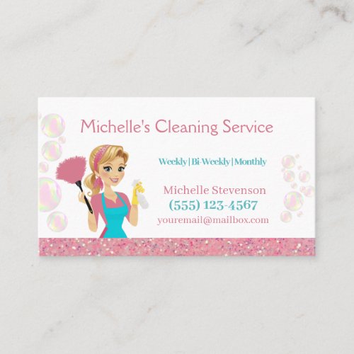 Pink Glitter Cartoon Maid House Cleaning Service Business Card