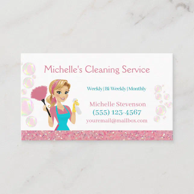 Pink Glitter Cartoon Maid House Cleaning Service Business Card | Zazzle