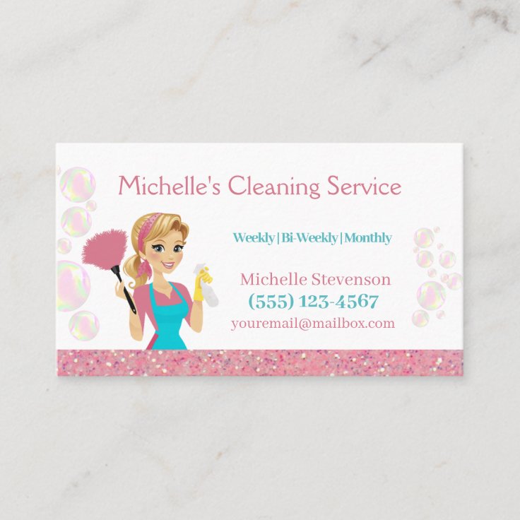 Pink Glitter Cartoon Maid House Cleaning Service Business Card | Zazzle