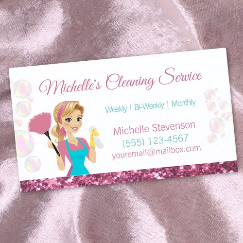 Pink Glitter Cartoon Maid House Cleaning Service Business Card