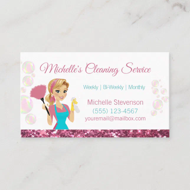 Pink Glitter Cartoon Maid House Cleaning Service Business Card | Zazzle