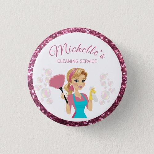 Pink Glitter Cartoon Maid House Cleaning Service Button