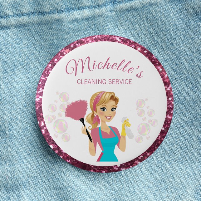 Pink Glitter Cartoon Maid House Cleaning Service Button (Creator Uploaded)