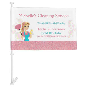 Pink Glitter Cartoon Maid House Cleaning Service Car Flag
