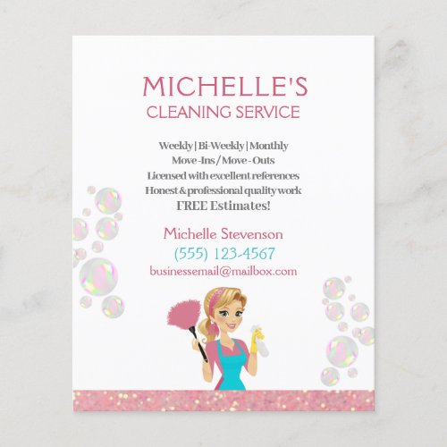 Pink Glitter Cartoon Maid House Cleaning Service Flyer