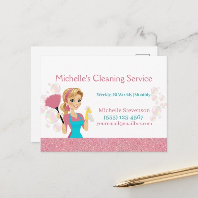 Pink Glitter Cartoon Maid House Cleaning Service Postcard (Front/Back In Situ)