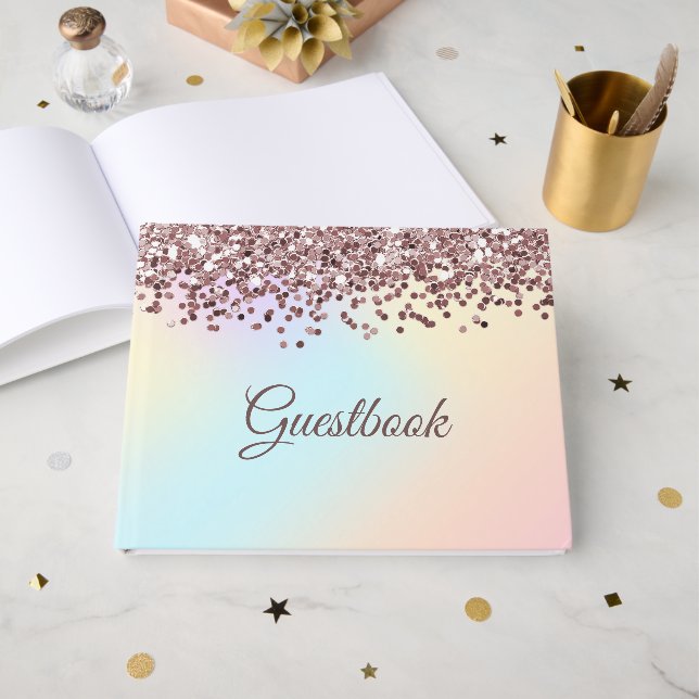 Pink Glitter Cascade and Pastel Colors Guest Book (Front Open)