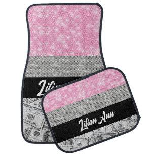 Pink Glitter Cash Girly Personalized Name Car Floor Mat