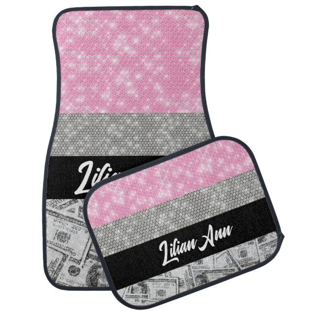 Pink Glitter Cash Girly Personalized Name Car Floor Mat (Set)