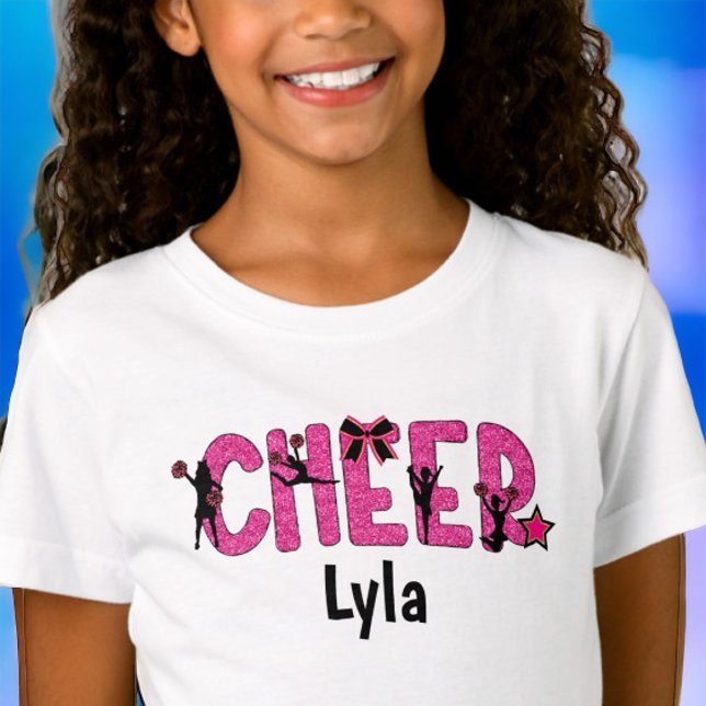 Pink Glitter Cheerleader Cheer Personalized T-Shirt (Creator Uploaded)
