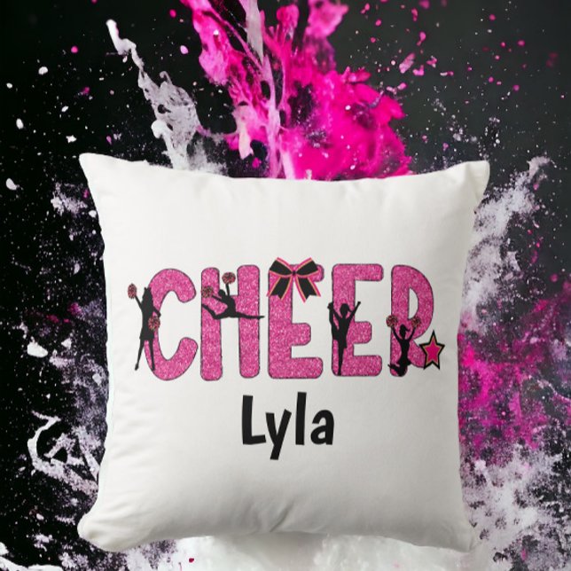 Pink Glitter Cheerleader Cheer Personalized Throw Pillow (Creator Uploaded)