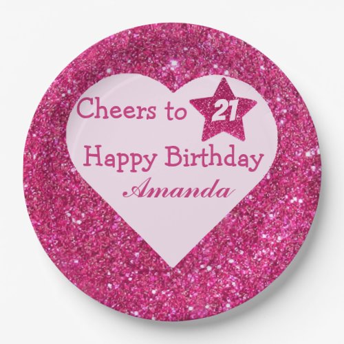 Pink glitter Cheers to 21 Heart Happy Birthday Paper Plates