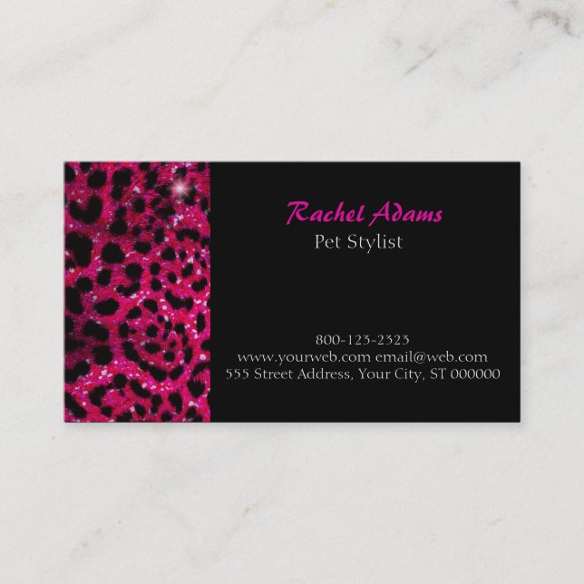 Pink Glitter Cheetah Print Pet Groomer Business Card (Front)