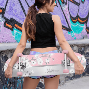 Pink Glitter Cherry Blossom Monogram Girly Skateboard by SparklingSakura at Zazzle