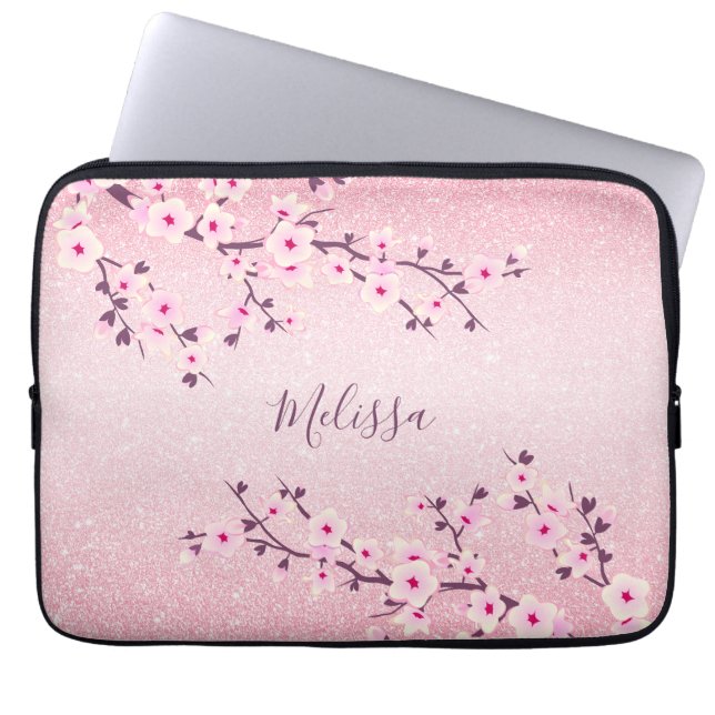 Pink Glitter Cherry Blossom Monogram Laptop Sleeve (Front)