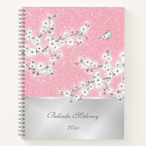 Pink Glitter Cherry Blossom Personalize Notebook