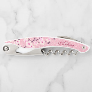 Pink Glitter Cherry Blossoms Monogram Girly Waiter's Corkscrew