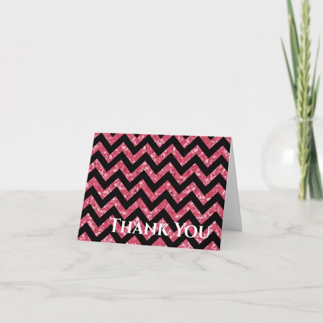 Pink Glitter Chevron Folded Thank You Card (Front)