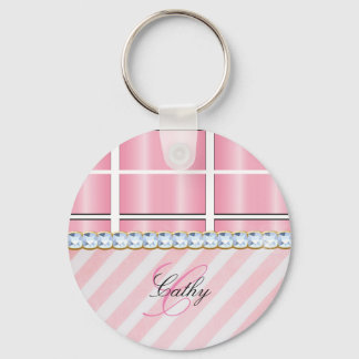 Pink Glitter Chevron Plaid Rhinestones Personalize Keychain