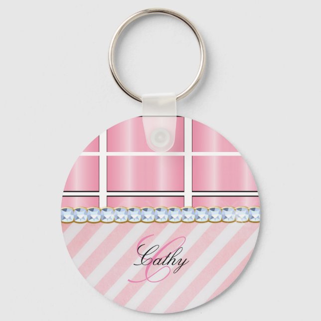Pink Glitter Chevron Plaid Rhinestones Personalize Keychain (Front)