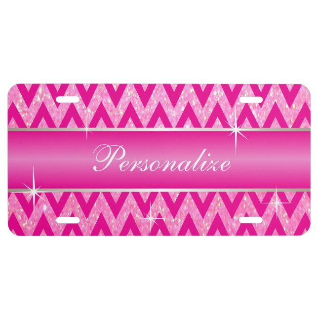 Pink Glitter Chevron Print | Personalize License Plate (Front)