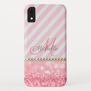 Pink Glitter, Chevron Stripe Personalized iPhone XR Case