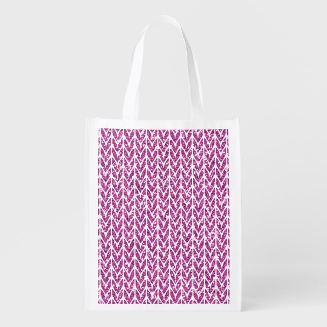 Pink Glitter Chevrons Knit Pattern Print Grocery Bag (Front)