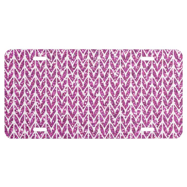 Pink Glitter Chevrons Knit Pattern Print License Plate (Front)