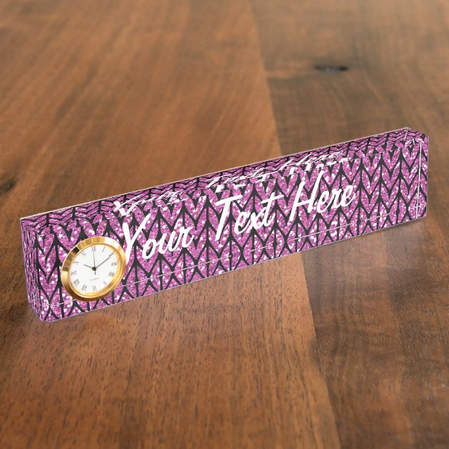 Pink Glitter Chevrons Knit Pattern Print Name Plate (Side)