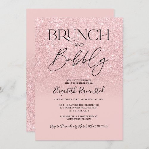 Pink glitter chic brunch bubbly bridal shower invitation