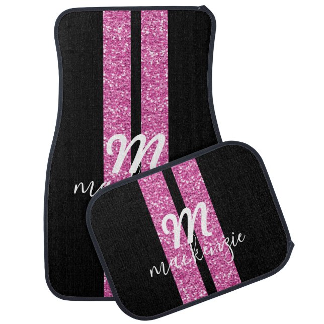 Pink Glitter Chic Racing Stripe Monogram Name Car Floor Mat (Set)
