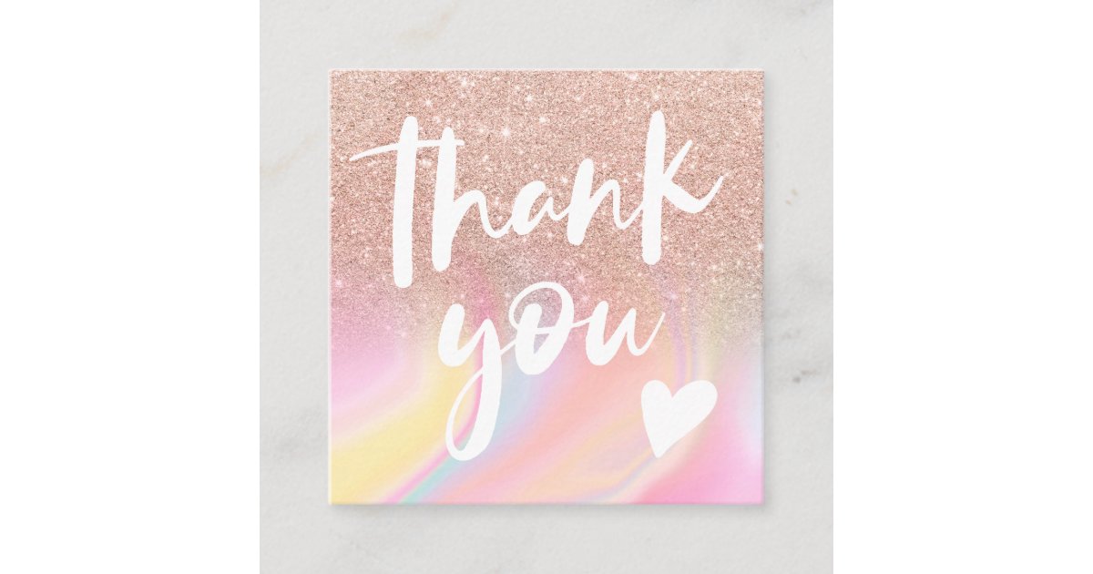 pink glitter chic rainbow marble pastel thank you square business card ...