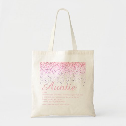 Pink Glitter Chic Script Auntie Aunt Definition Tote Bag