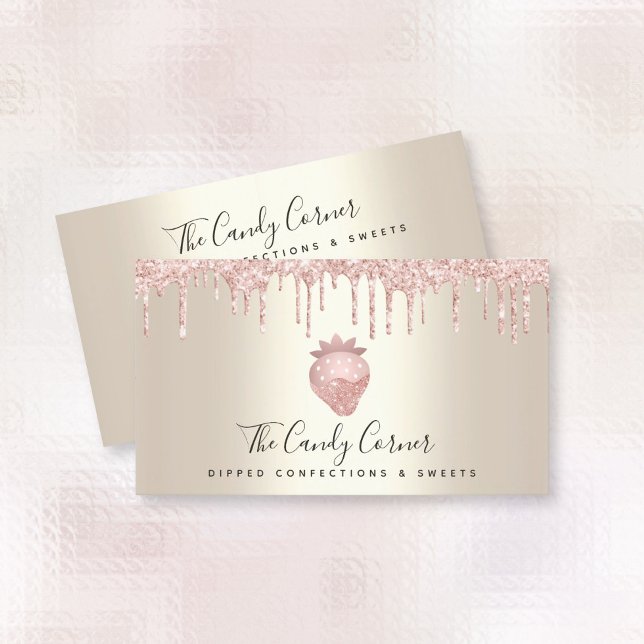 Pink Glitter Chocolate Strawberry Confection Gold Business Card (Creator Uploaded)