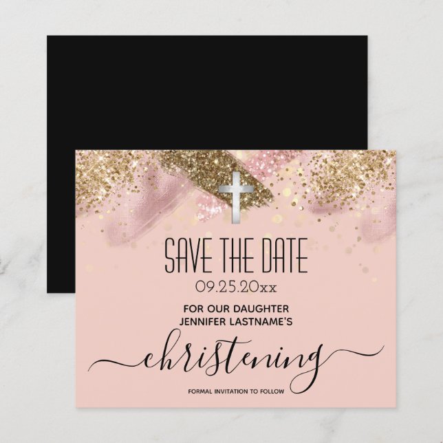 Pink Glitter Christening Save the Date Budget (Front/Back)