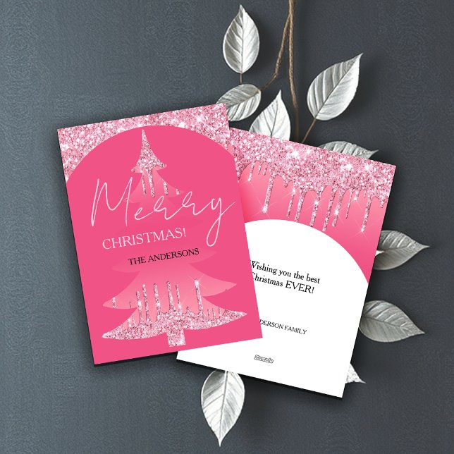 Pink Glitter Christmas Tree Holiday Card (Creator Uploaded)