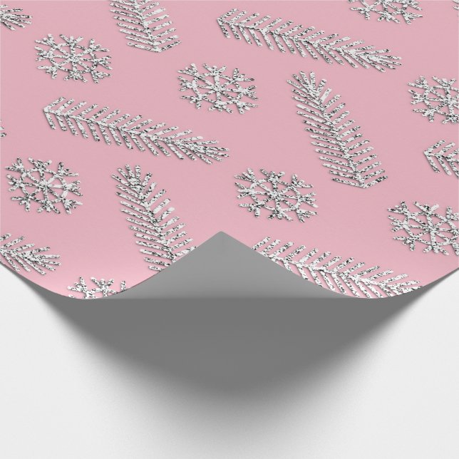 Pink  Glitter Christmas Tree Holidays Snowflakes Wrapping Paper (Corner)