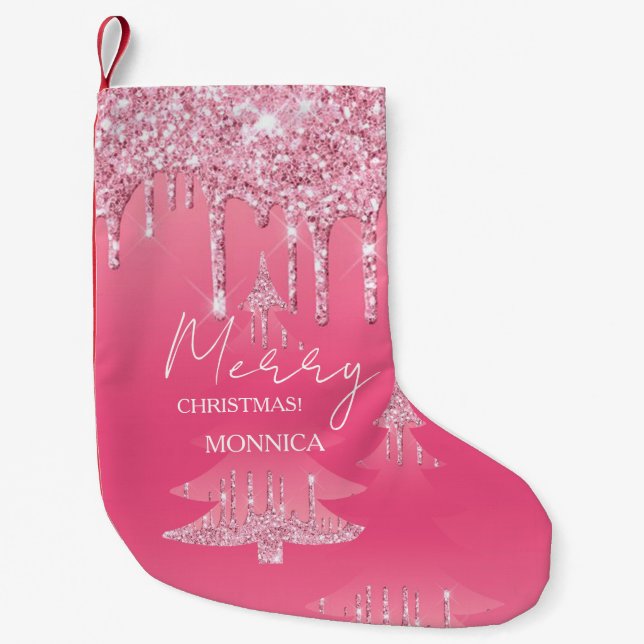 Pink Glitter Christmas Tree Small Christmas Stocking (Front)