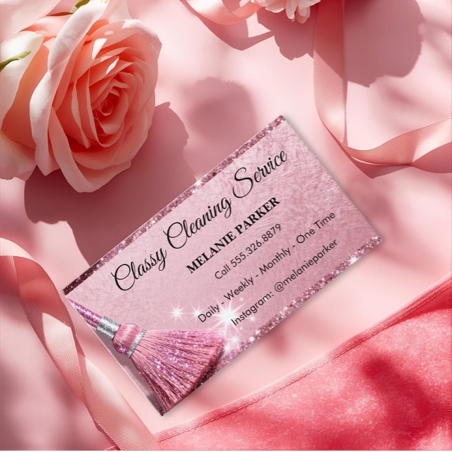 pink Glitter Classy Cleaning Services Business Card (Creator Uploaded)