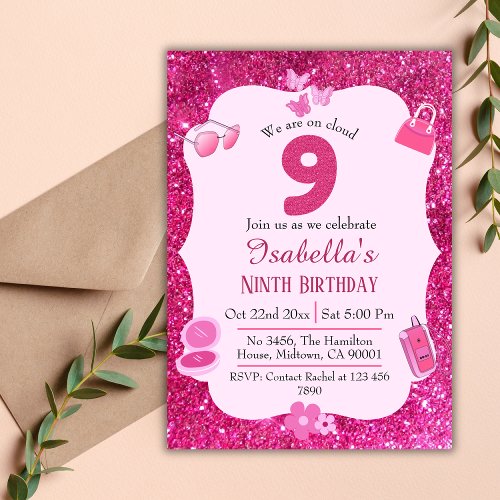 Pink glitter cloud 9  cute chic vibrant birthday invitation